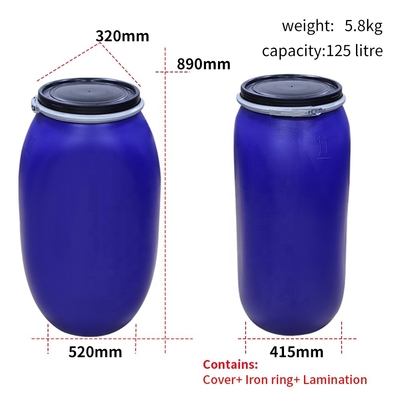 鉄のたがリングが付いている125L化学プラスチックHDPEの開いた上のドラム80度